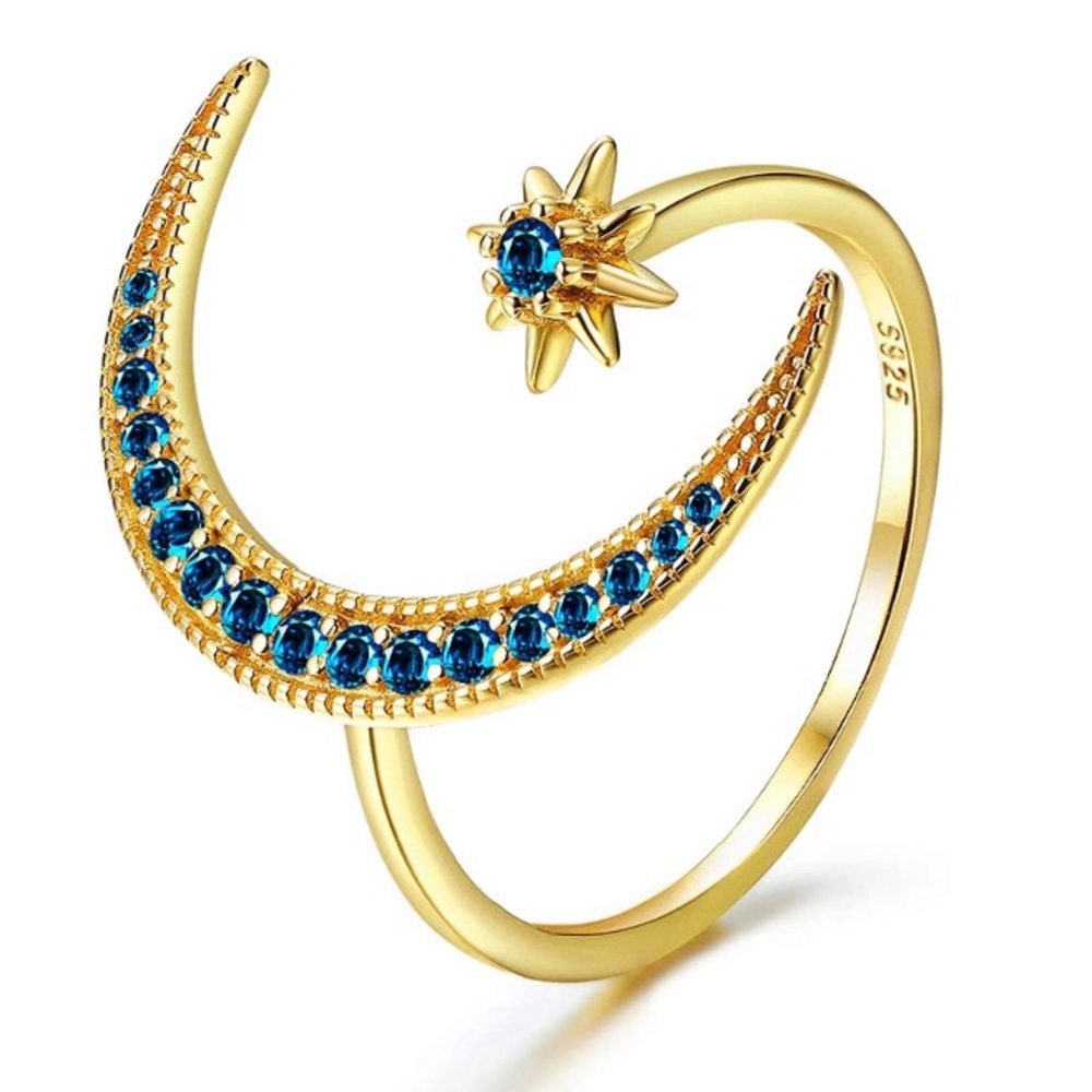 Adjustable Sterling Silver Moon and Star Ring